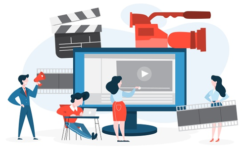 Corporate video production with camera, storyboard and editing screen